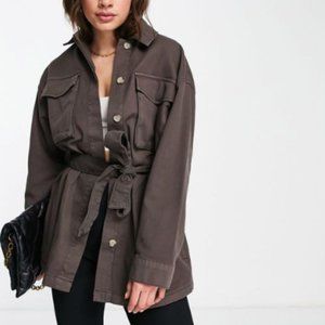 Topshop Belted Utility Shacket in Khaki Brown Size M